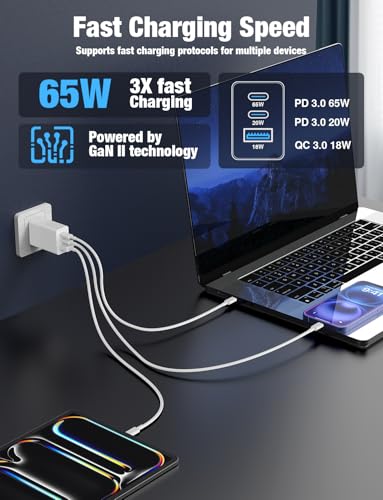 Hzevn 2Pack 65W USB C Wall Charger Block, 3-Port USB C Charging Adapter,Multi Super Fast Charging Power Plug Cube for MacBook Pro/Air,i-Pad Pro,i-Phone 17/16/15, Galaxy S25,and More-White - color: White+White