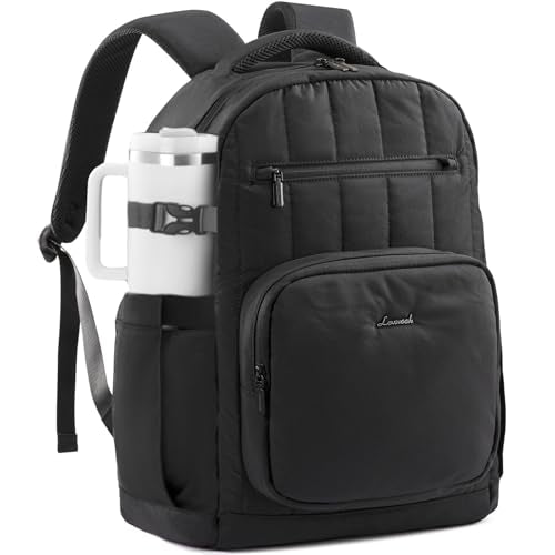 LOVEVOOK Laptop Backpack for Women with Giant Tumbler Holder Pocket,15.6 Inch Puffer Travel College Work Backpack Purse for Teacher Nurse,Waterproof Laptop Bag Computer Back Pack Casual Daypack,Black - color: Black, size: 15.6 Inch
