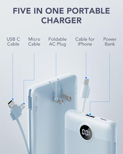 VRURC Portable Charger, Power Bank Built-in Cables and AC Wall Plug | USB C Power Bank 10000mAh, Travel Essentials Phone Charger Compact External Battery Pack For Smart Phones, Tablets etc-Blue - color: Blue