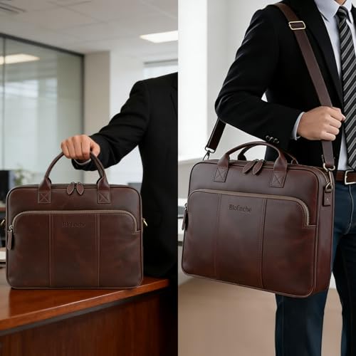 Blofinche Genuine Leather laptop briefcase 15.6 inch Computer Messenger shouledr work handbag Satchel bags - color: Coffee