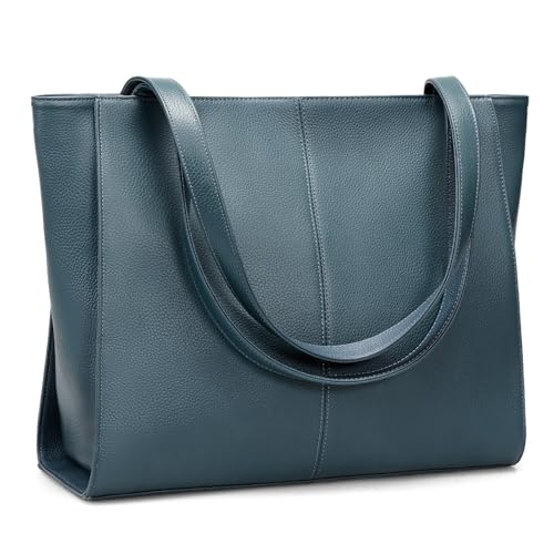 befen Genuine Leather Tote Bag for Women Work Travel Leather Purse Handbags | Real Leather, Padded 14" Laptop Compartment, Multi-Pockets, Zipper, Tote Bag for Daily - color: Teal Blue