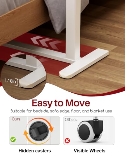 Overbed Bedside Table with Wheels, 27.9-41.3" Pneumatic Height Adjustable | 300° Tilting Desktop Fits Either Side of Bed, Rolling Standing Desk with Hidden Wheels, for Home, Hospital or Bedroom