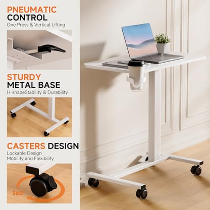COMHOMA Adjustable Overbed Bedside Table with Lockable Wheels, Pneumatic Mobile Standing Laptop Desk, Small Standing Desk Portable Rolling Overbed Table Hospital Home Use(28" W x 16" D, White) - color: White, size: Small