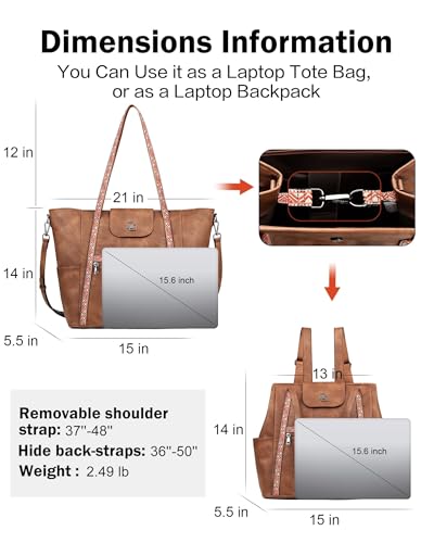 Large Laptop Tote Bag for Women Designer Leather Laptop Bag, 15.6in | Fashion Travel Backpack Purse Shoulder Handbag Fits 15.6 Laptop, Daily, Work, Business Trip, Weekend Travel, Teacher - color: 1 Brown Retro Style
