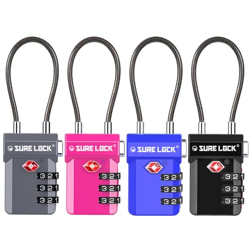 SURE LOCK TSA Approved Luggage Locks with Open Alert Indicator, 3 Digit Combination Cable Travel Lock for Suitcase, Backpack, Gym Locker, Toolbox, Carry On & Travel Bag - color: FOUR COLORS ASSORTMENT