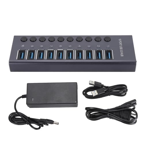 CCYLEZ 10 Port USB 3.0 Hub with Individual Switches and 60W Power Adapter for Laptop PC Game Console (US Plug)