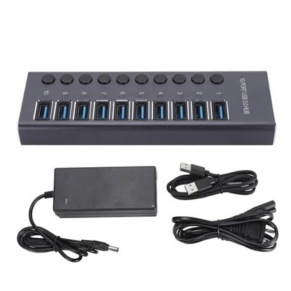 CCYLEZ 10 Port USB 3.0 Hub with Individual Switches and 60W Power Adapter for Laptop PC Game Console (US Plug)