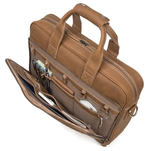 Augus Leather Briefcase for Men, 16 Inch, Full-Grain Leather, YKK Zipper - color: Light Brown