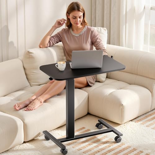 COMHOMA Adjustable Overbed Bedside Table with Lockable Wheels, Pneumatic Mobile Standing Laptop Desk, Small Standing Desk Portable Rolling Overbed Table Hospital Home Use(28" W x 16" D, Black) - color: Black, size: Small
