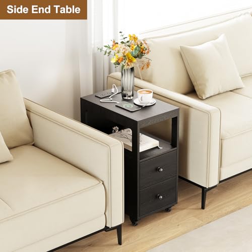 Narrow End Table with Charging Station and Wheels, Movable Narrow Sofa Side Table with USB Ports and Outlets for Small Space, Living Room, Bedroom and Office, Bedside with 4 Wheels (Black) - color: [A1] Black