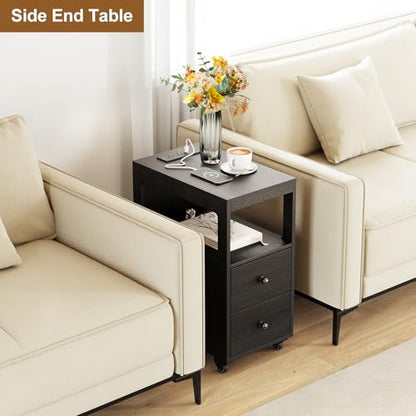 Narrow End Table with Charging Station and Wheels, Movable Narrow Sofa Side Table with USB Ports and Outlets for Small Space, Living Room, Bedroom and Office, Bedside with 4 Wheels (Black) - color: [A1] Black