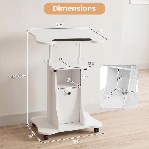 Giantex Mobile Podium Stand, Sit-to-Stand Laptop Cart with Tilting Tabletop & Storage Cabinet, Lockable Casters, Height-Adjustable Rolling Lectern for Classroom, Church, Home Office (White) - color: White