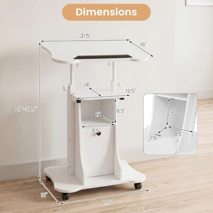 Giantex Mobile Podium Stand, Sit-to-Stand Laptop Cart with Tilting Tabletop & Storage Cabinet, Lockable Casters, Height-Adjustable Rolling Lectern for Classroom, Church, Home Office (White) - color: White