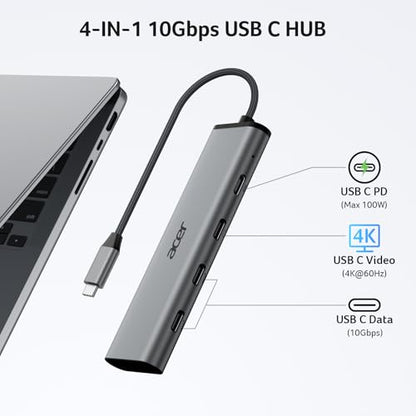 Acer 10Gbps USB C Hub with 4K@60Hz USB-C Display Output, 4-Port USBC Splitter with 100W PD, 2*USB-C 3.2 Data Transfer, USB C Dongle for Laptop, MacBook Neo/Pro/Air, iPad Pro and Type-C Devices