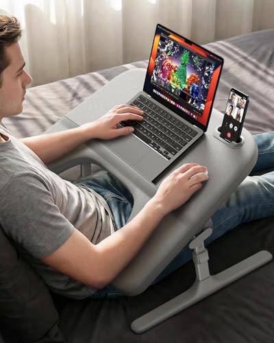 SAIJI Laptop Lap Desk for Bed & Couch with Soft Armrest, Bed Desk Table | Ergonomic Curved Design, Soft Padded Armrests, Height & tilt angles Adjustable, Foldable & Versatile Surface - color: Gray