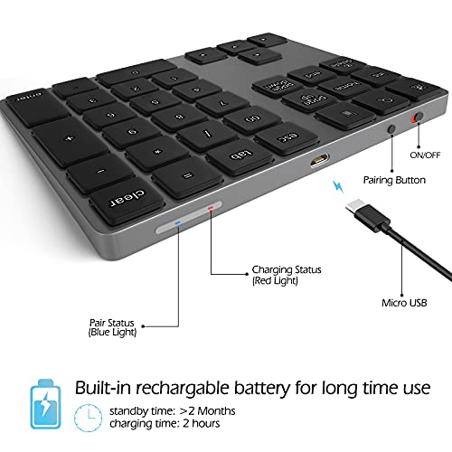 Foloda Bluetooth Numeric Keypad, Aluminum Rechargeable 34-Keys Wireless Number Pad External 10 Keys Numpad Data Entry Compatible for Laptop MacBook Mac Windows - color: Black