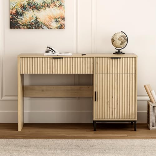 47" Fluted Executive Desk, Modern Wood Home Office Desk with Charging Station, Drawer & Cabinet, Computer Writing Desk for Work Study, Light Oak - color: Light Oak