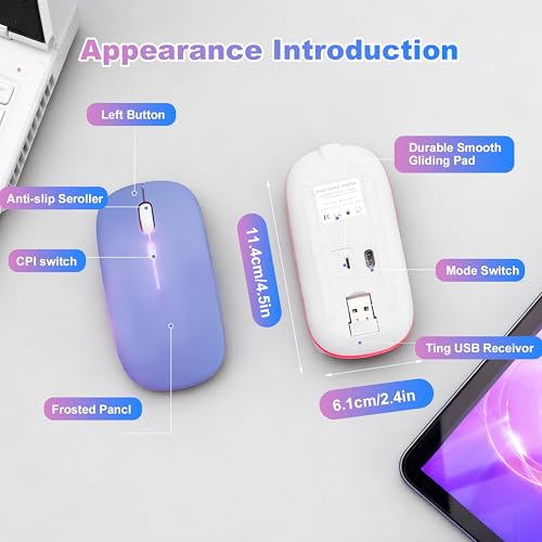 Wireless Bluetooth Mouse Rechargeable Long Lasting Dual Mode - BT 5.2 & 2.4G Silent RGB LED Mice, Slim Portable Ergonomic Mouse for Laptop/PC/Tablet/MacBook/iPad/Apple Devices(Purple) - color: Purple
