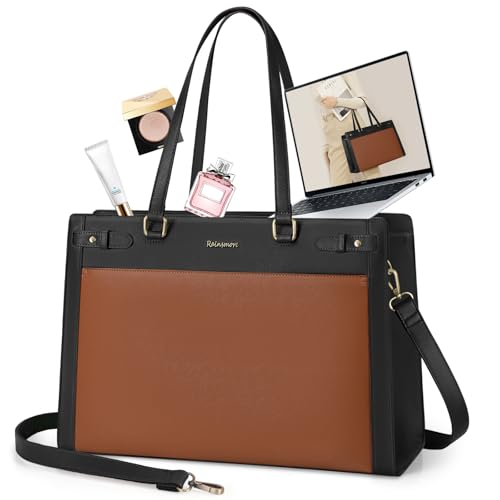 RAINSMORE Laptop Bag for Women 15.6 Inch PU Vegan Leather Work Tote Bag Waterproof Womens Briefcase Designer Computer Bags for Office Teacher College Travel Large Tote Purse Professional Black & Brown - color: Black & Brown