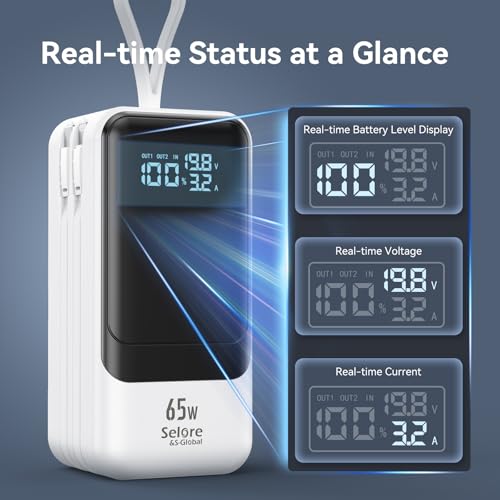 Fast Charging Power Bank 18400mAh 65W Portable Laptop Charger, LCD Display, Travel Essential Battery Pack with Built-in USB-C & Lightning Cables for iPhone 16/15/14/13/12 MacBook Samsung - color: White