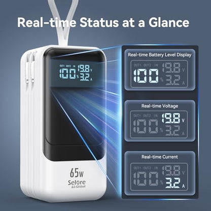 Fast Charging Power Bank 18400mAh 65W Portable Laptop Charger, LCD Display, Travel Essential Battery Pack with Built-in USB-C & Lightning Cables for iPhone 16/15/14/13/12 MacBook Samsung - color: White