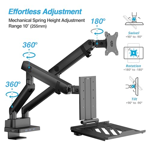 AVLT Laptop & Monitor Arm Desk Mount for 17-38" Screens, USB-C Dock - Black | Supports flat/curved screens up to 22 lbs each. 12-17" laptop tray, 7-in-1 USB-C dock, HDMI 4K60, Ethernet and 100W PD - color: Black