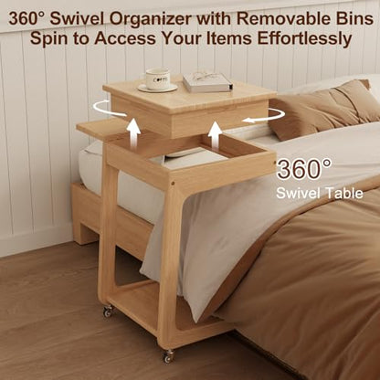 Solid Wood C Shaped End Table for Couch,Natural C Table with Wheels,Rolling Side Table with Storage,Couch Desk with Adjustable Desktop,Rolling Tv Tray with Folding Shelf,Modern Couch Table - color: Natural