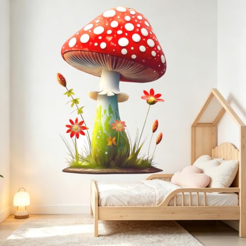 Red Mushroom Wall Decals Peel and Stick Self Adhesive Nursery Decor Art | Flowers Grass Wall Stickers for Kids Room Nursery Baby Bedroom Playroom, Whimsical Forest Wall Art for Toddler Boys Girls - style: Mushroom#2