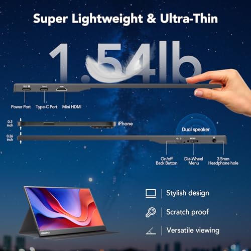 Portable Monitor 15.6 Inch 1080P FHD IPS Gaming Display Monitor with USB-C & HDMI, Ultra-Slim External Second Screen with Smart Cover & Speakers for Laptop，PC, Mac, Phone, PS5 - size: 15.6"Cover