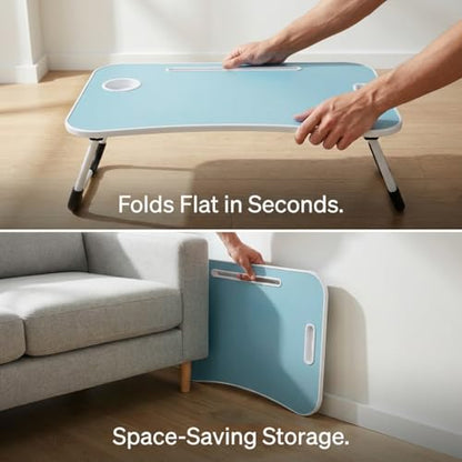 BUYIFY 23" Foldable Lap Desk for Laptop Writing w/Cup Holder Blue | Sturdy and Durable, Laptop Bed Desk with Tablet Slot, No Assembly, Space Saving for Bed Couch Dorm WFH Students - color: Blue
