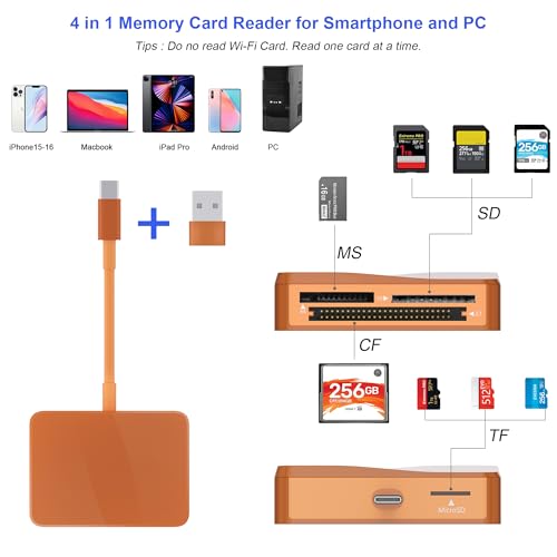 SD Card Reader, 4 in 1 USB C to SD/TF/CF/MS Card Reader with USB to USB C Adapter Memroy Card Reader for iPhone 17/16/15 Pro Max iPad Pro MacBook Pro/Air iMac M4/M3 Android Phone/Tablet PC(TerraCotta) - color: TerraCotta