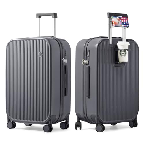 mixi Checked Luggage with Cup Phone Holder Hard Shell Rolling Travel Suitcase with Spinner Wheels,24 Inch Rock Grey - color: Rock Gray, size: 24-inch