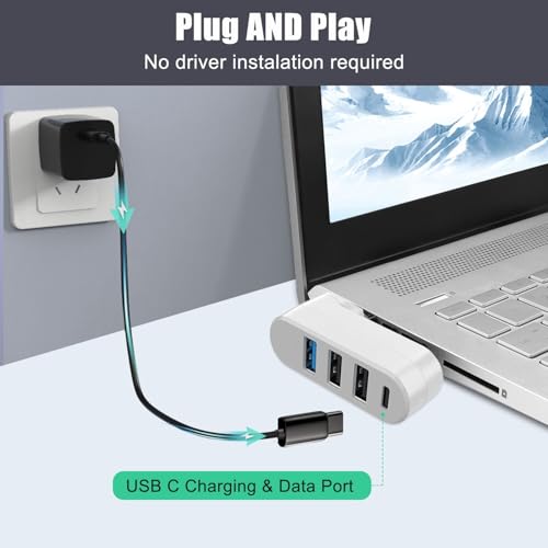 4-Port USB 3.0 Hub [90/180 Rotatable], USB Splitter with 3 USB Ports & 1 USB C Power/Data Port, USB Extender for Laptops, Cars, iMac, MacBook Air, MacBook Pro