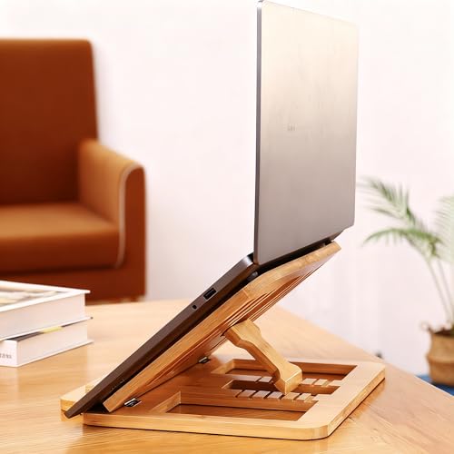 Bamboo Foldable Laptop Stand Holder, 6-Level Adjustable Ergonomic Notebook Riser with Heat Dissipation for 10-17 Inch Laptops, MacBook, Tablet (Natural Bamboo) - color: Natural Bamboo