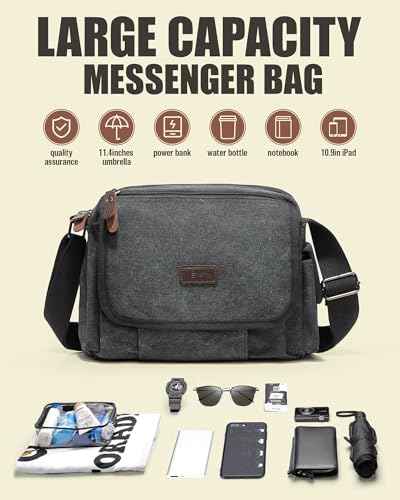 Messenger Bag for Men, Crossbody Bag Aesthetic, Water Resistant Unisex Classic Canvas Shoulder Bag - color: A1-black