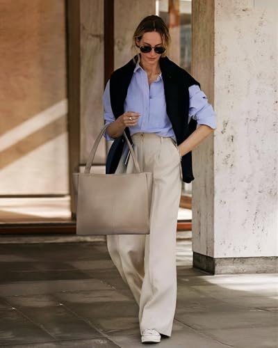 befen Genuine Leather Tote Bag for Women Work Travel Leather Purse Handbags | Real Leather, Padded 14" Laptop Compartment, Multi-Pockets, Zipper, Tote Bag for Daily - color: Taupe