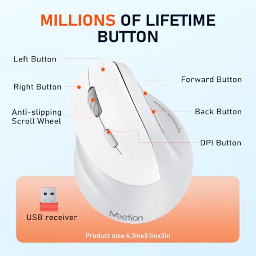 MEETION Left-Handed Wireless Ergonomic Vertical Mouse, Rechargeable - Gray | Dual Bluetooth 5.2/3.0 + USB, RGB lighting, 4 adjustable DPI, compatible with Windows, Mac, PC, iPad and tablets - color: Left Gray White
