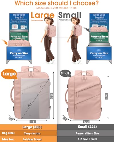 Capolo Travel Laptop Backpack Women Carry On Backpack Weekender Travel Bag | 25L Flight Approved,Waterproof Overnight Bag,College Bookbag,Work,3-4 Day Travel,Fits 17" Laptop (Large,Pink) - color: Pink, size: Large