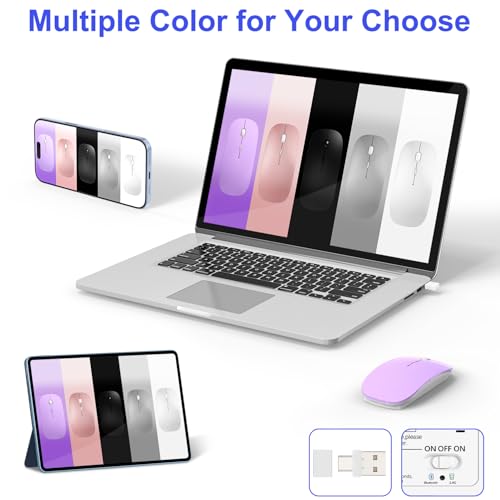Bluetooth Wireless Mouse for MacBook Air Mac Pro Laptop Computer iPad Pad PC Laser Optical Rechargeable Mini Slim Silent Mouse Widely Used Desktop Hp iMac (Purple) - color: Purple