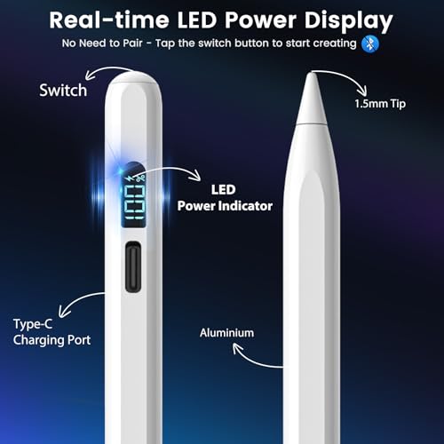 Pencil for iPad 2026-2018, LED Display Fast Charge Stylus Pen | Palm Rejection,Tilt Sensitivity, Compatible for iPad A16 11/10/9/8/7/6, Pro 11"/12.9"/13''/M4, Air M3/M2/5/4/3, Mini 7/6/5 - color: Silver White