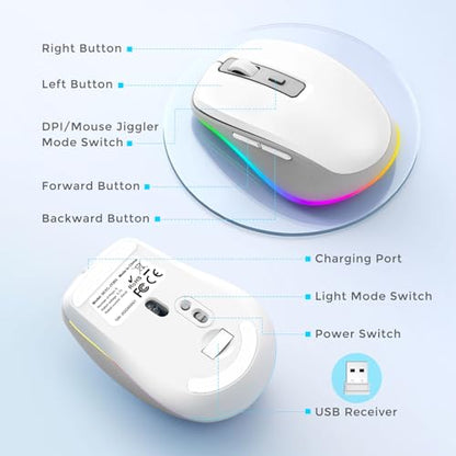PEIOUS Wireless Mouse Jiggler - Keep Computers Awake, White & Grey | Rechargeable LED Mouse, Silent Clicks, Adjustable DPI and Random Movement Keep Computers Awake for Laptop/PC/Mac - color: White & Grey