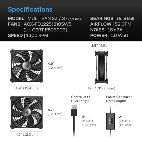 AC Infinity MULTIFAN S3, Quiet 120mm USB Fan, UL-Certified for Receiver DVR PlayStation Xbox Computer Cabinet Cooling - size: S3