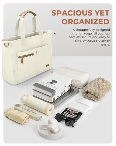 Tuwubi Canvas Tote Bag for Women, Large Tote Bag with Zipper & Compartments for Travel Work College Teacher Nurse - color: Beige