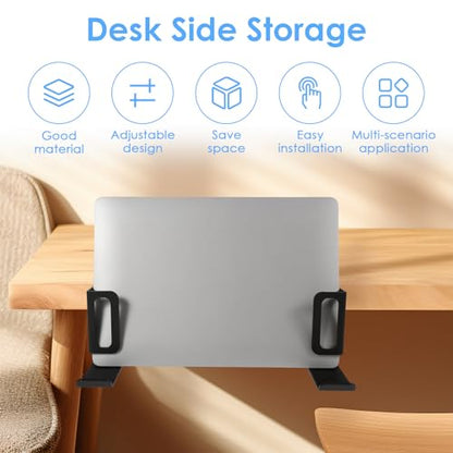 Desk Side Laptop Holder, Vertical Desk Side Storage Laptop Holder, Adjustable Laptops Mount with Headphone Hooks, No Drill Clamp for Laptops,Tablets,Keyboards,Backpack (Black)