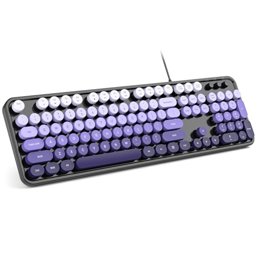 MOWUX Computer Keyboard Wired, Plug and Play USB Retro Round Typewriter Keyboard, Full Size Wired Keyboard with Foldable Stands for Laptop and Office PC- Large Purple Colorful - color: Black Purple Gradient