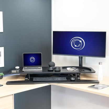 VIVO 48" Extra Large Corner Desk Riser, Pneumatic Sit-Stand Desk Converter, Dual Monitor Keyboard Tray, Grommet, Cable Management, Anti-Slip, Black, DESK-V048KL - size: 48"