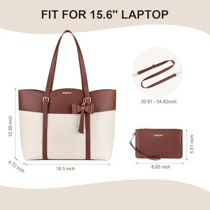 MOSISO Laptop Tote Bag for Women, 15.6 inch PU Leather Large Tote Bag | Large Capacity Work Handbag with Bowknot&Arc-shaped Pocket,Waterproof Computer Bags Work Briefcase for Business Office, Brown