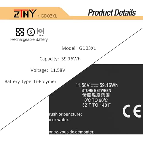 59.16Wh GD03XL Laptop Battery Replacement for HP Envy x360 2-in-1 14-fa0000 | 14-fc0000 14-fc0078TU, EliteBook Ultra G1q G1q8 ,OmniBook X 14-fe0000 14-fe0057nr Pavilion 16-AF 16-AG GD03059XL N66215-005 - size: 10.08*3.94*0.2 inch GD03XL