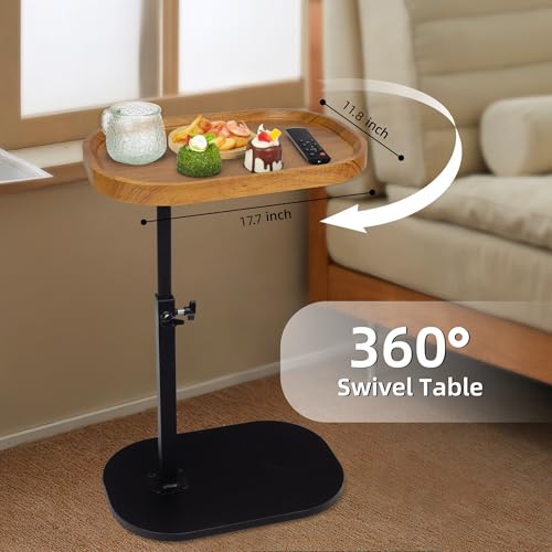 End Table Adjustable Height, 360°Swivel TV Tray C Table for Couch Sofa Bed, Wood Side Table for Living Room Bedroom Small Spaces