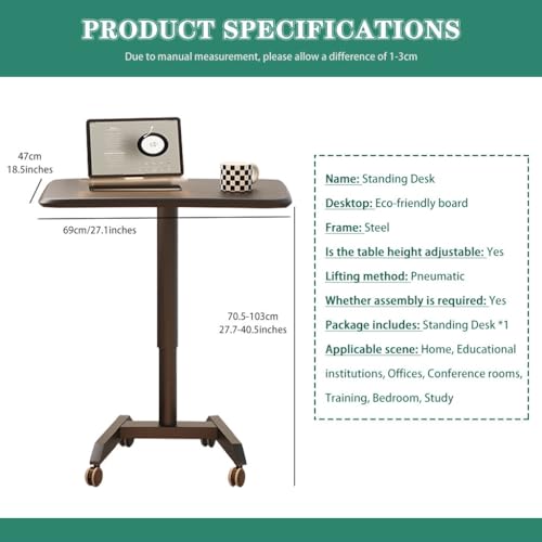 Height Adjustable Standing Table, Pneumatic Lift Laptop Desk, Movable Sofa Side Table with Wheels, Large Thick Steel Tube Computer Desk